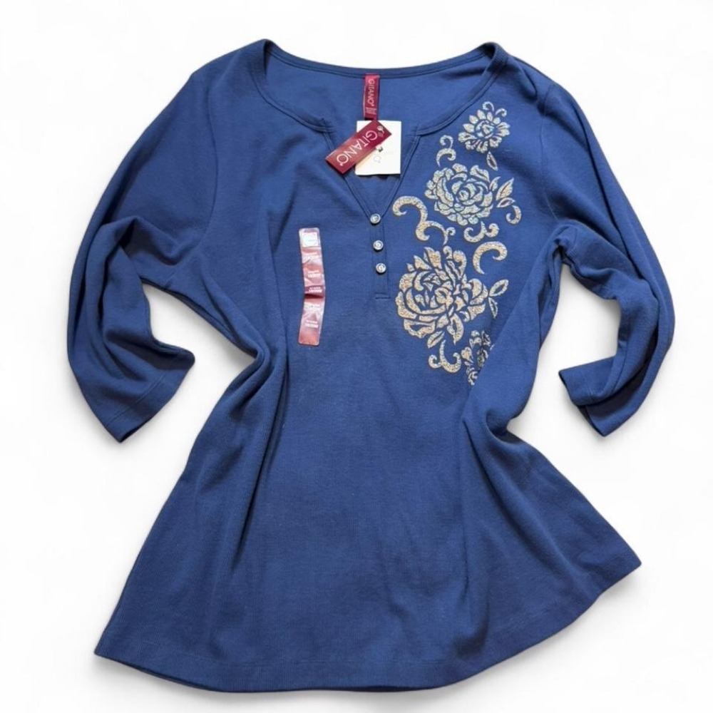Vintage 90s Gitano Navy Rhinestone Embellished Floral Henley Top, Women's 18/20W